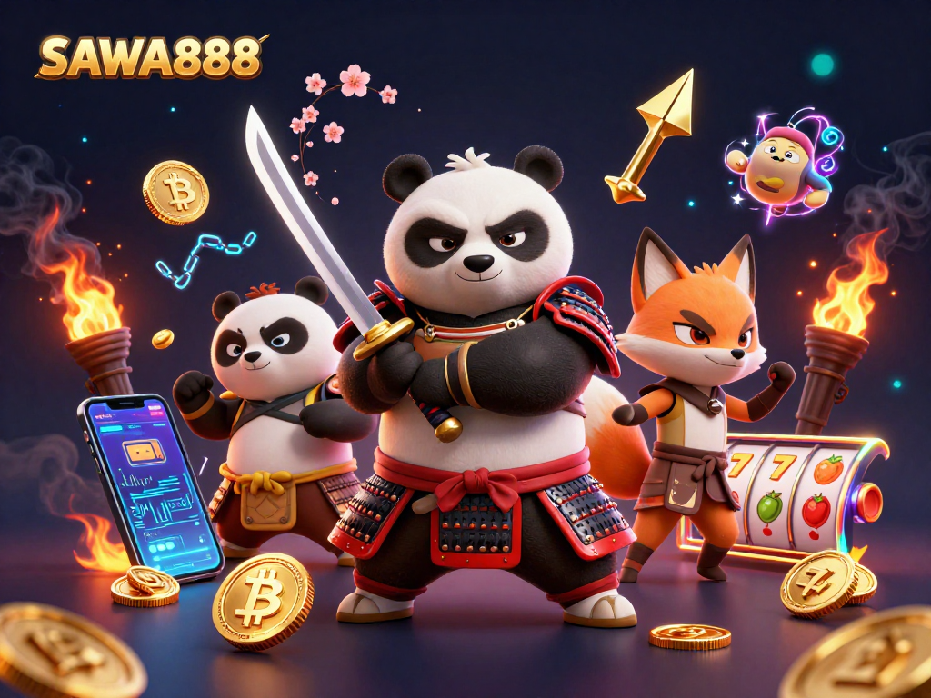 Experience SAWA888 with a vibrant, action-packed illustration featuring samurai panda and ninja fox amidst crypto elements and slot symbols.
