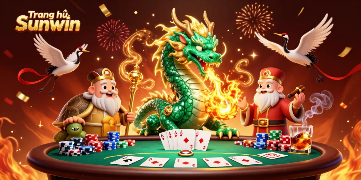Play slots at Trang chủ Sunwin with lucky dragon, turtle sage, and cranes around poker table.