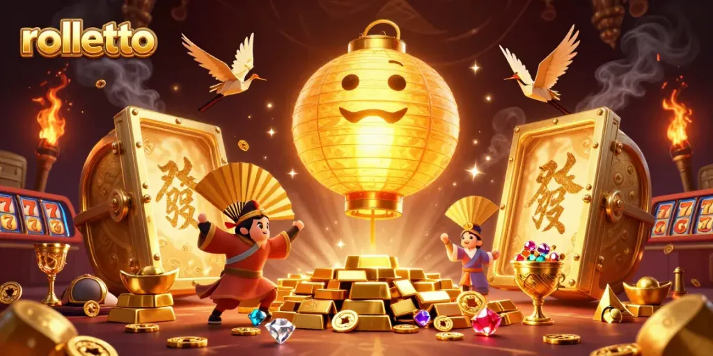 Experience rolletto's vibrant gambling scene with magical lanterns, iconic slot symbols, and golden treasures.