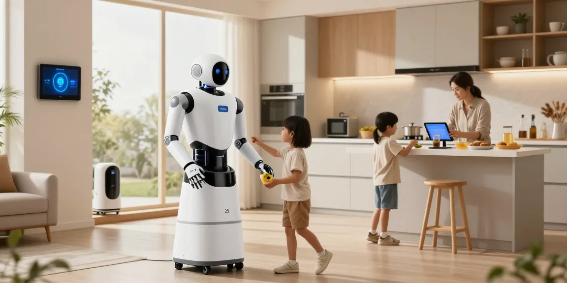 A family interacts with a home robot 2026 in a modern kitchen, showcasing advanced technology for household tasks.