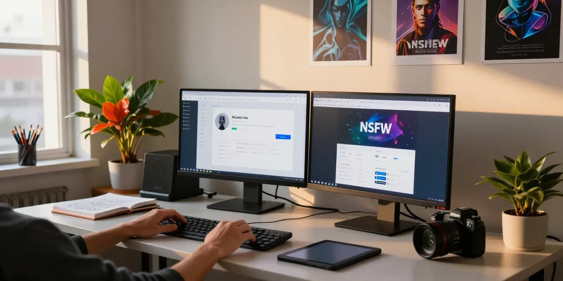 Dynamic workspace showcasing innovative nsfw ai platform on monitors with creative elements.