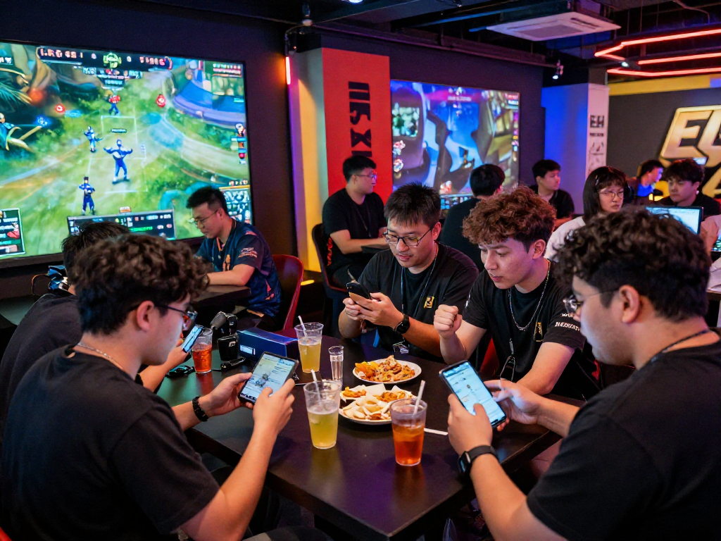 Exciting group of young adults engaged in online betting on EK 333 during a live esports match.