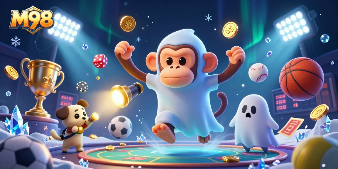 M98 players engaging with live casino games and vibrant sports betting elements in a thrilling digital scene.