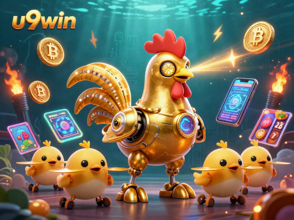 Engage with u9win's vibrant crypto casino experience featuring a golden rooster robot and baby chick drones.