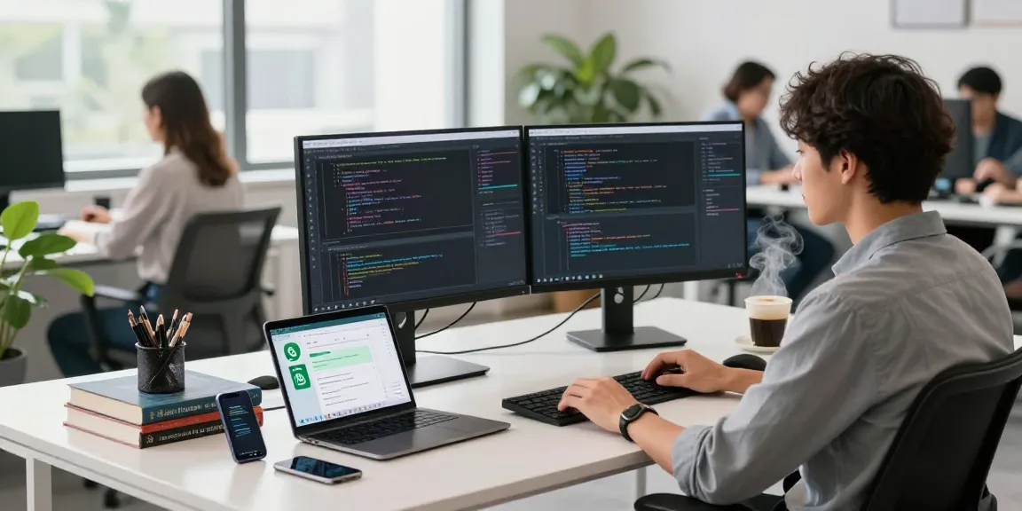 Dynamic tech workspace with dual monitors coding WhatsApp下載 API data and a developer focused on programming in a bright office.