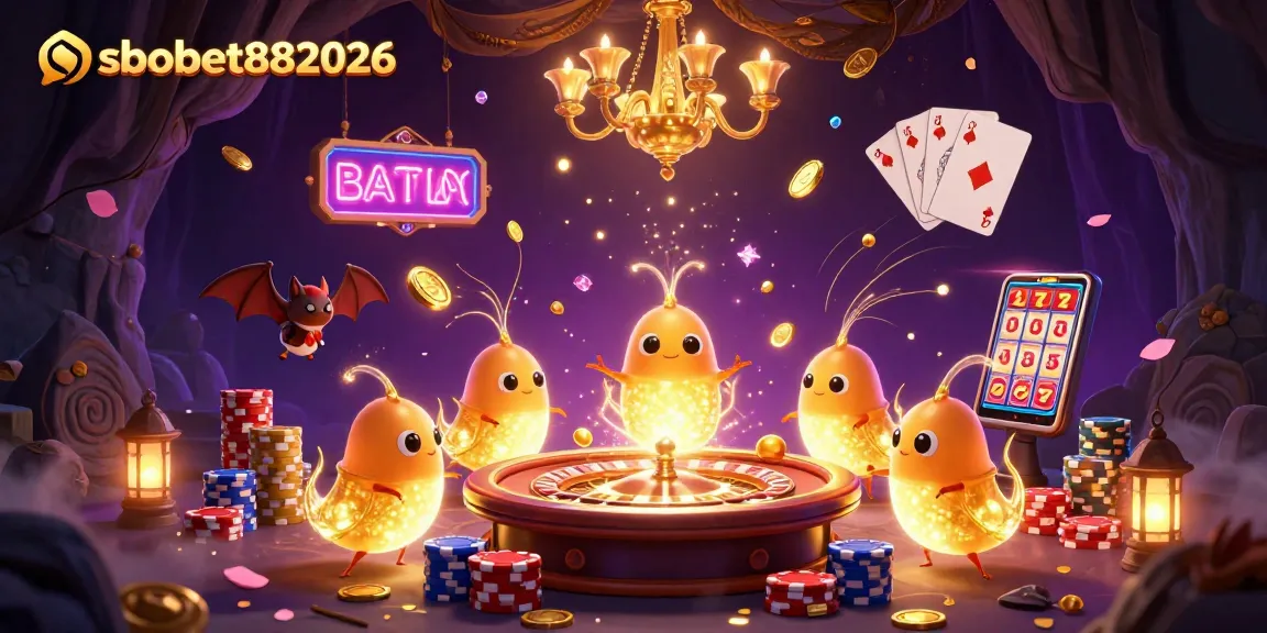 Engage with sbobet882026 through vibrant casino scene filled with glowworms and lively gaming elements.