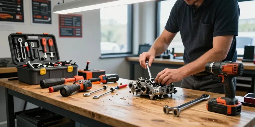Technician using beta tools to repair car engine at workshop