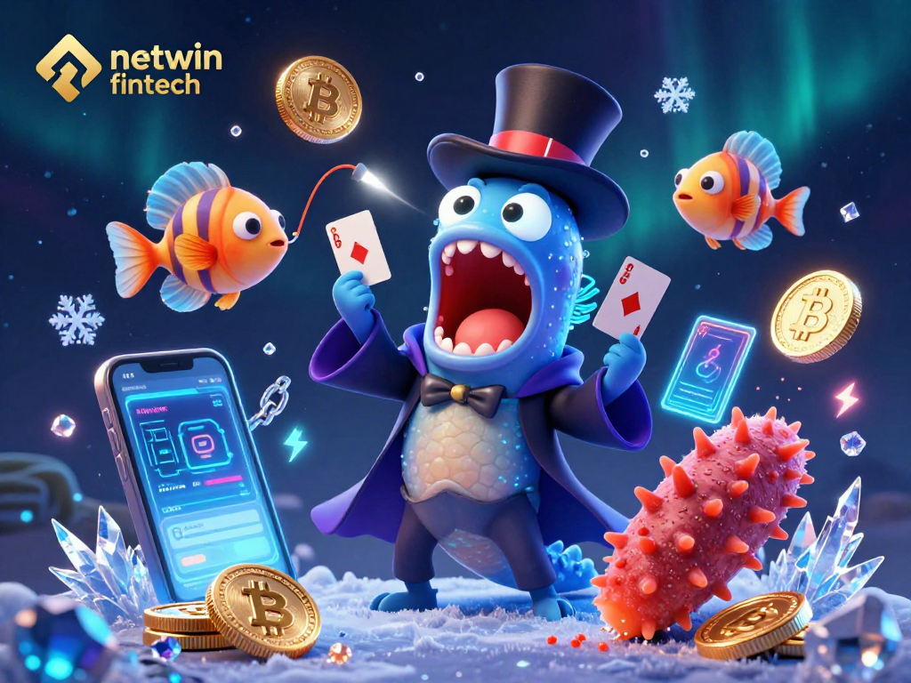 The interactive scene with netwin fintech showcases card tricks and crypto coins in a charming casino atmosphere.