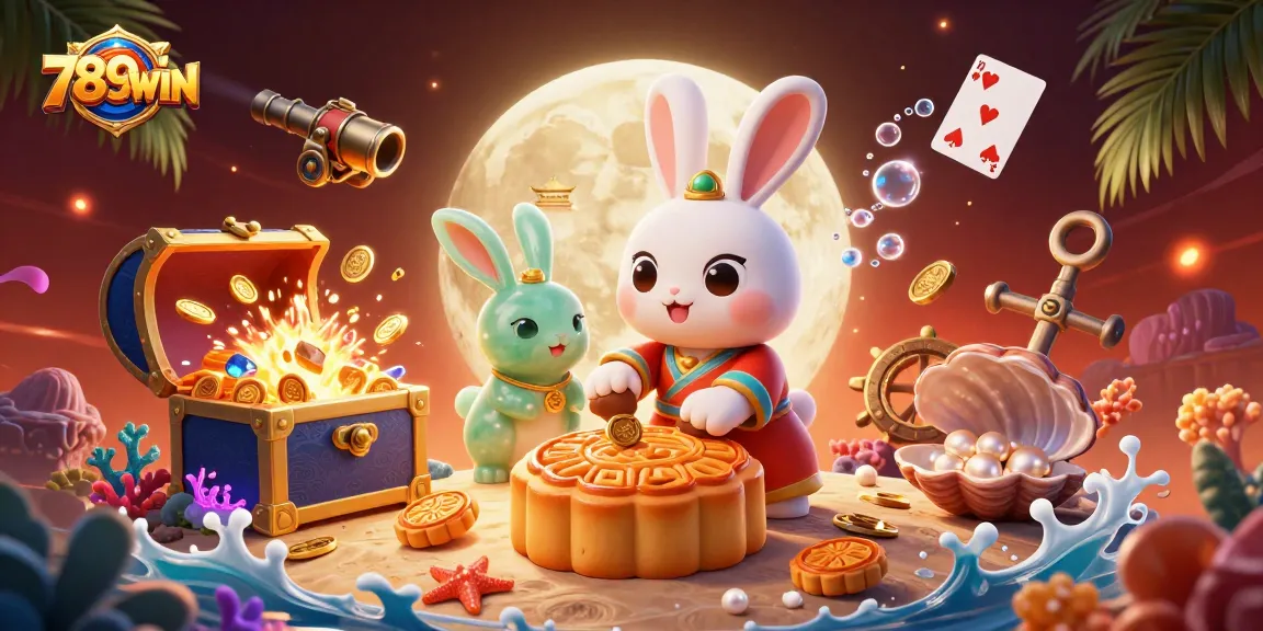 Engage in vibrant action with 789WIN featuring a moon rabbit and poker chips in a lively casino scene.