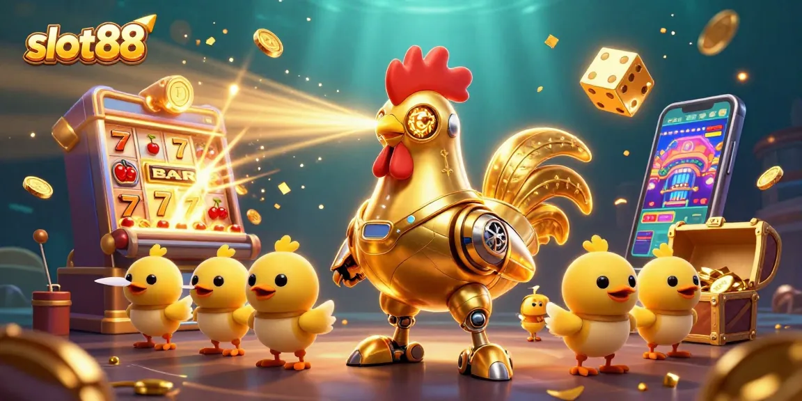 Win big with slot88 as the golden rooster robot commands an exciting casino scene loaded with jackpots.