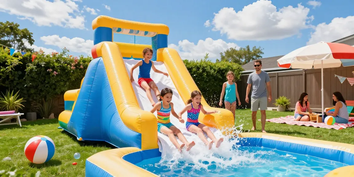 Children enjoying a slip and slide in a sunny backyard setting, surrounded by summer fun.