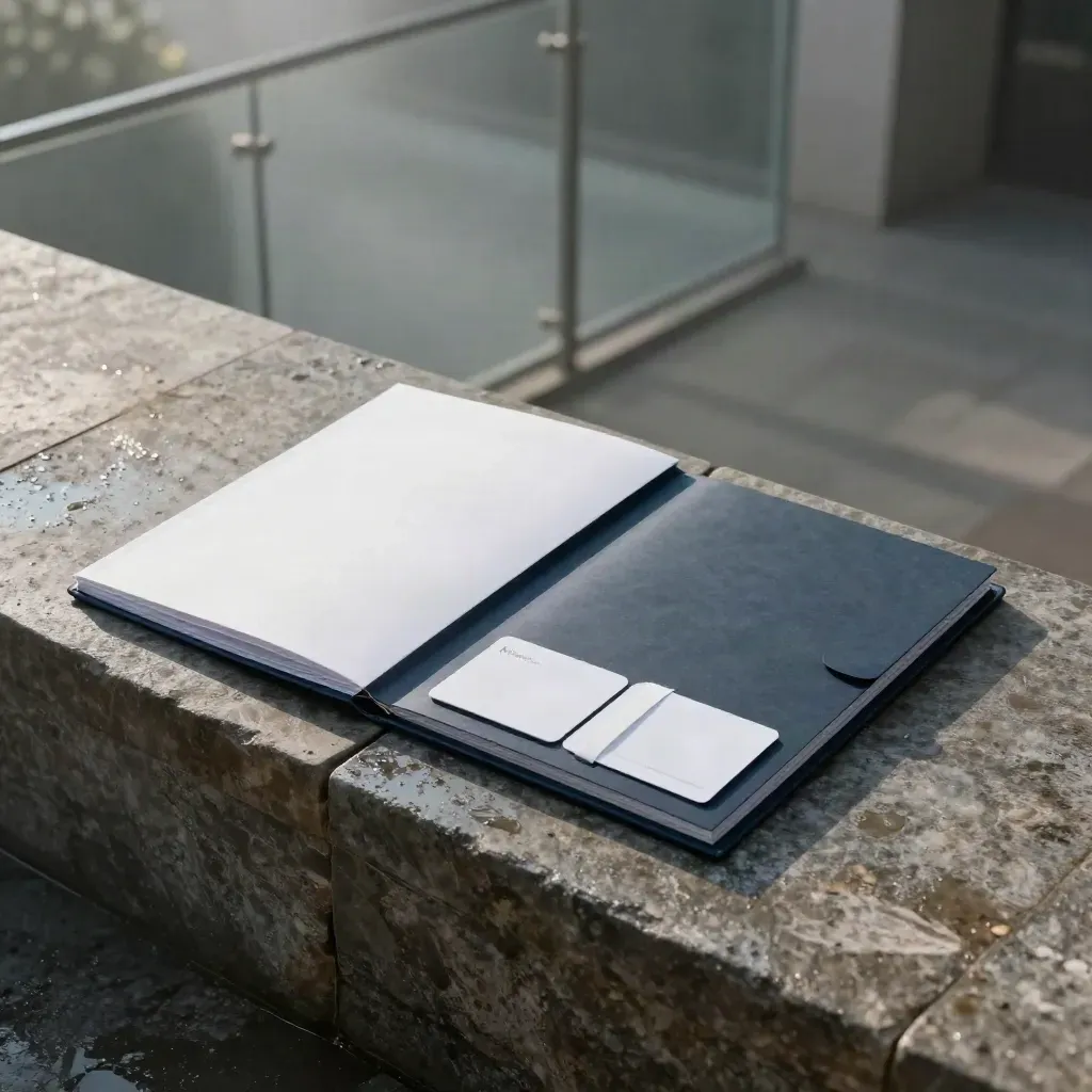 Quarterly growth sprint bundle on rain-damp stone, crisp folders and cards in a modern campaign still life.