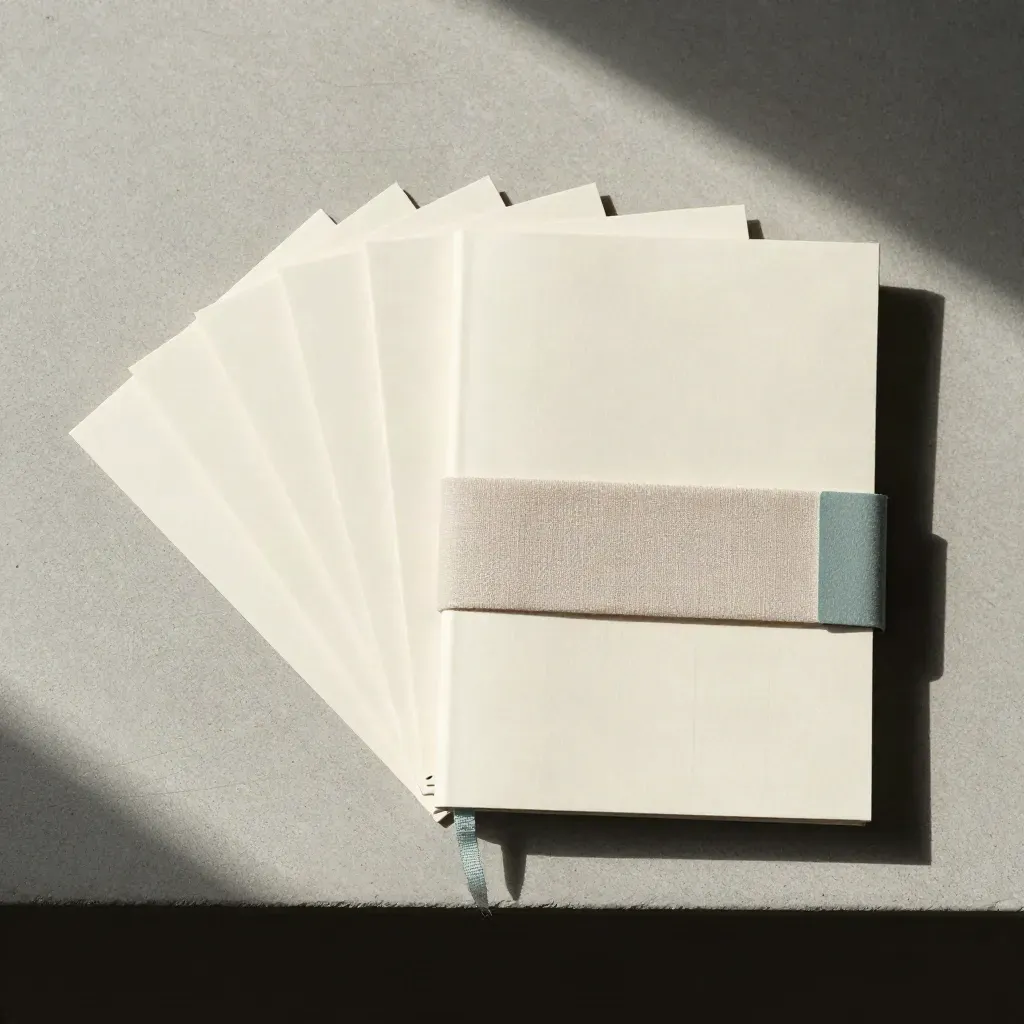 Overhead flatlay of eight cream content cards, linen band, and slim notebook on pale concrete.