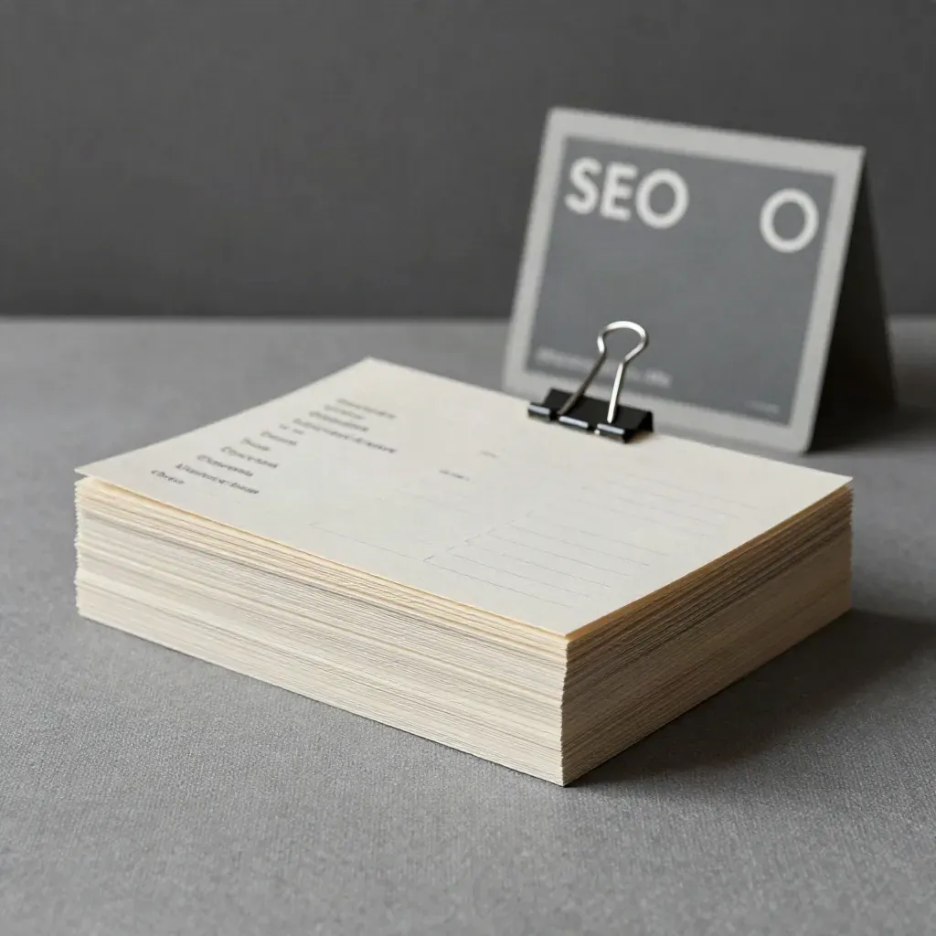 Top-down SEO pack with tabbed dividers, cream cards, and binder clip on slate surface