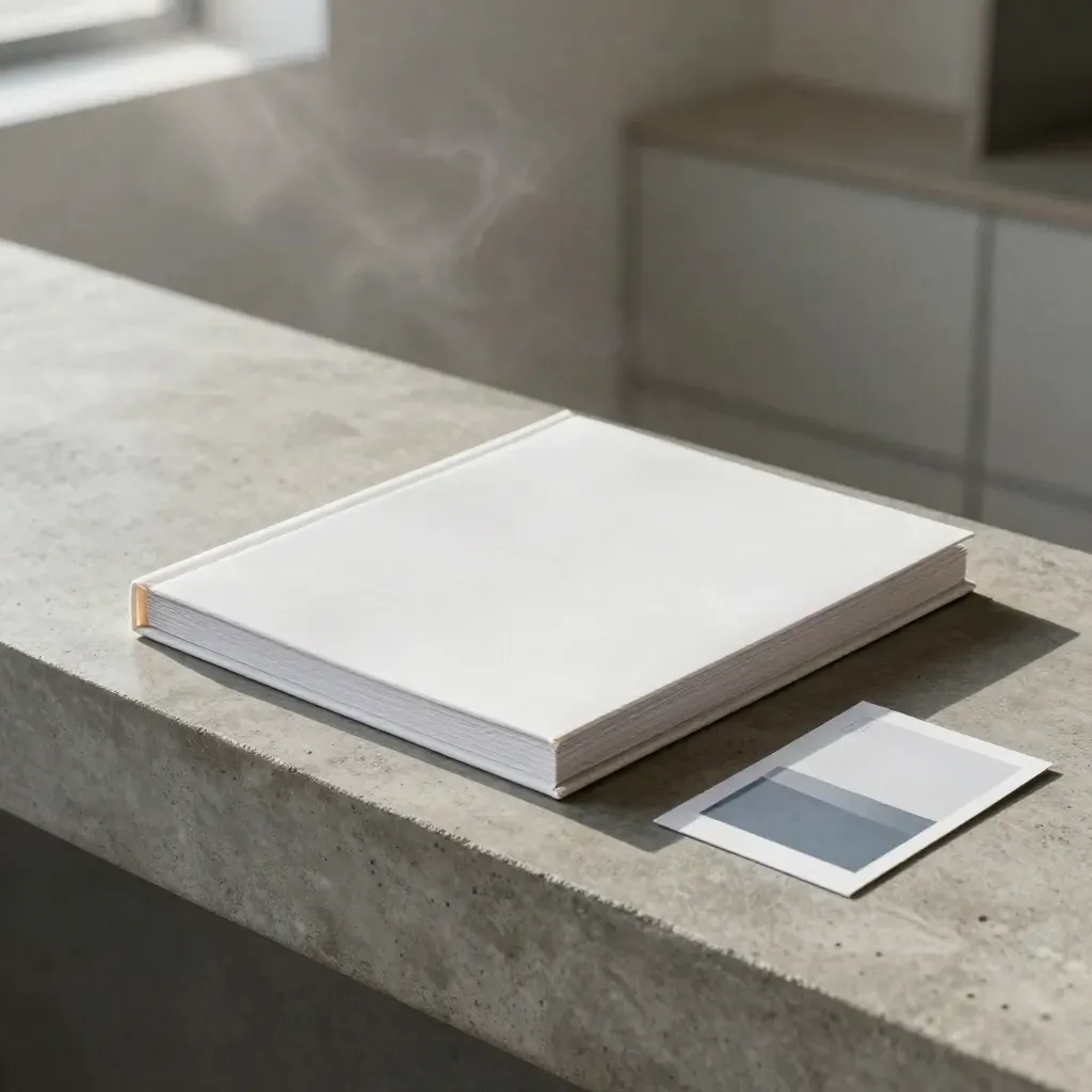 White binder and campaign pages on a concrete ledge in a hazy modern workspace