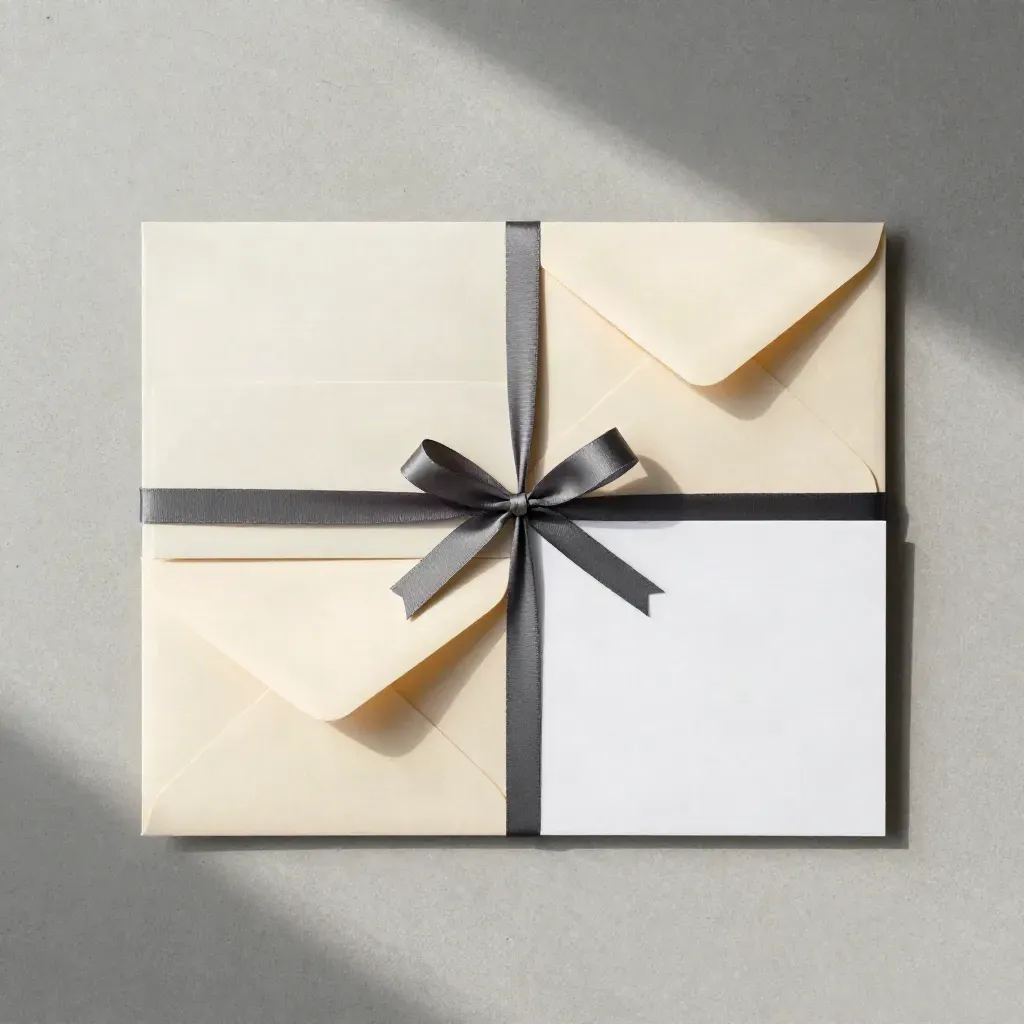 Top-down flatlay of cream envelopes, reply cards and a dark ribbon on pale concrete.