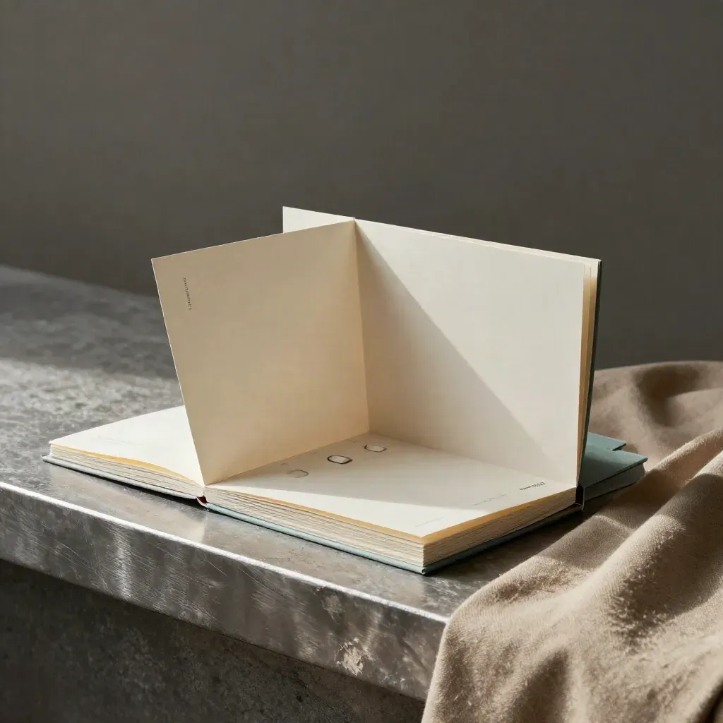 Booklet, tabbed inserts and card fan on a stone ledge in misty studio light.