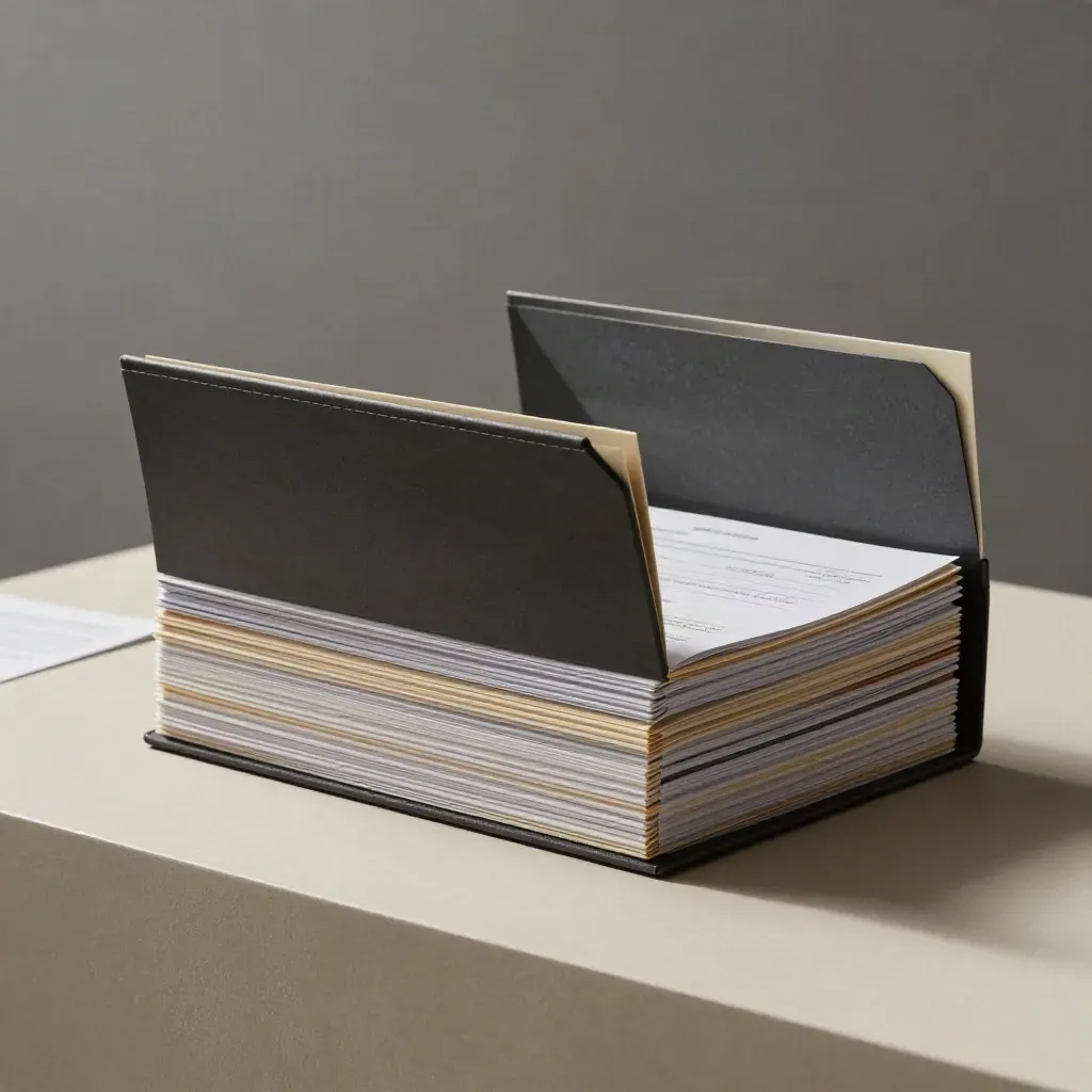 Upright SEO audit folder with tabbed cards on travertine in moody studio light.