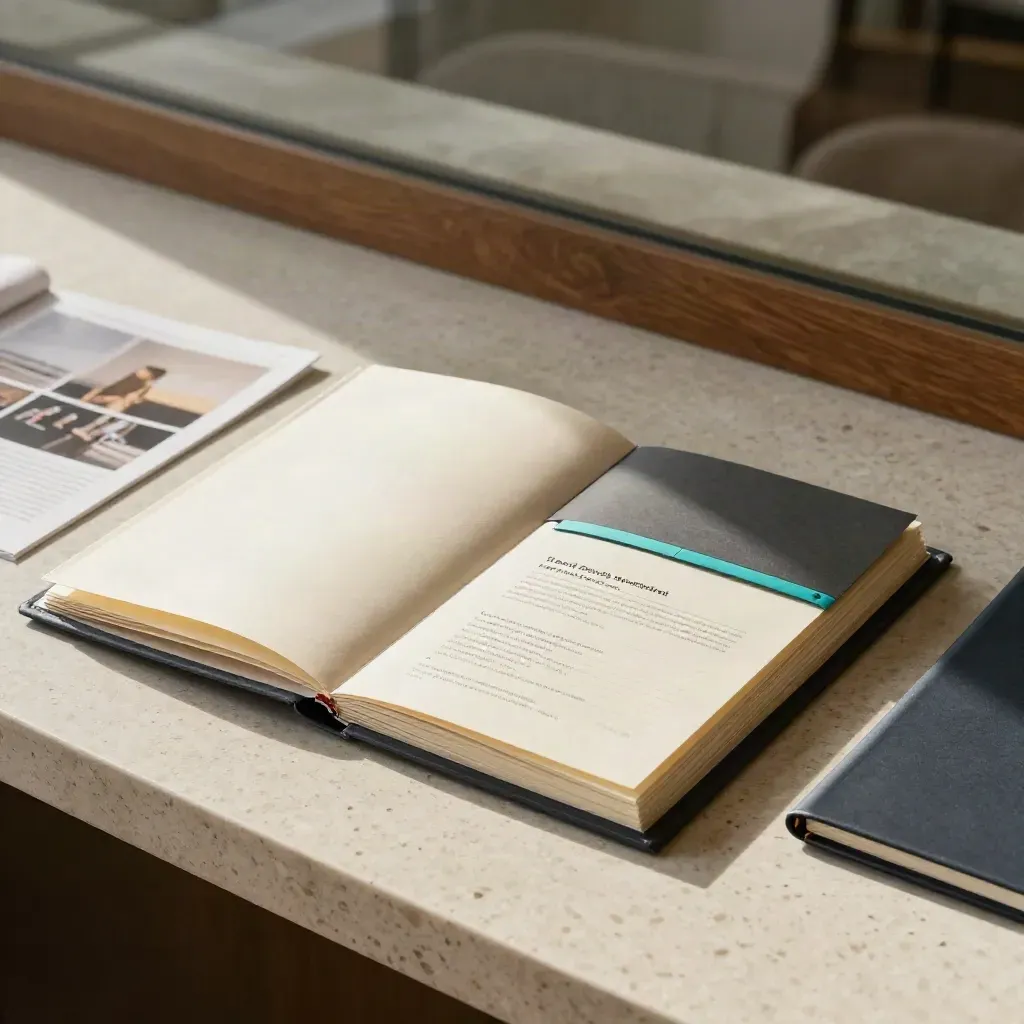Open retainer folder with layered update cards and teal strip on travertine.