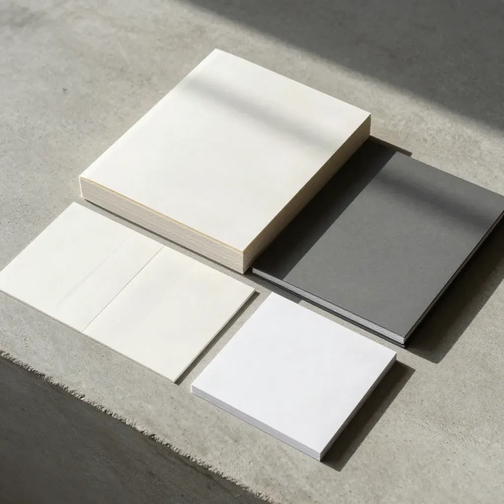 Overhead flatlay of two page stacks, a slim folder, and corner cards on concrete.