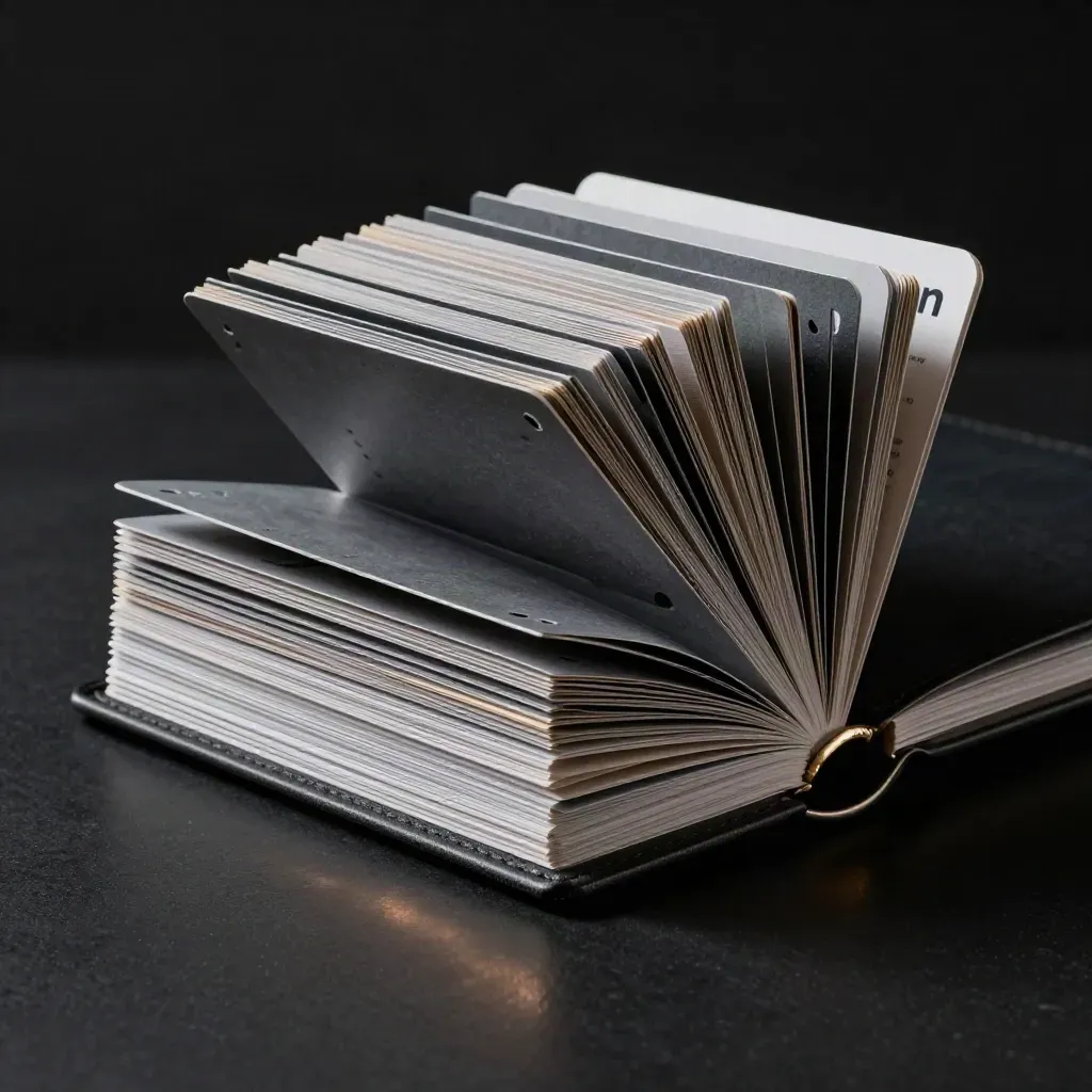 Dark binder with tabbed cards fanning open on a black surface in dramatic studio light.