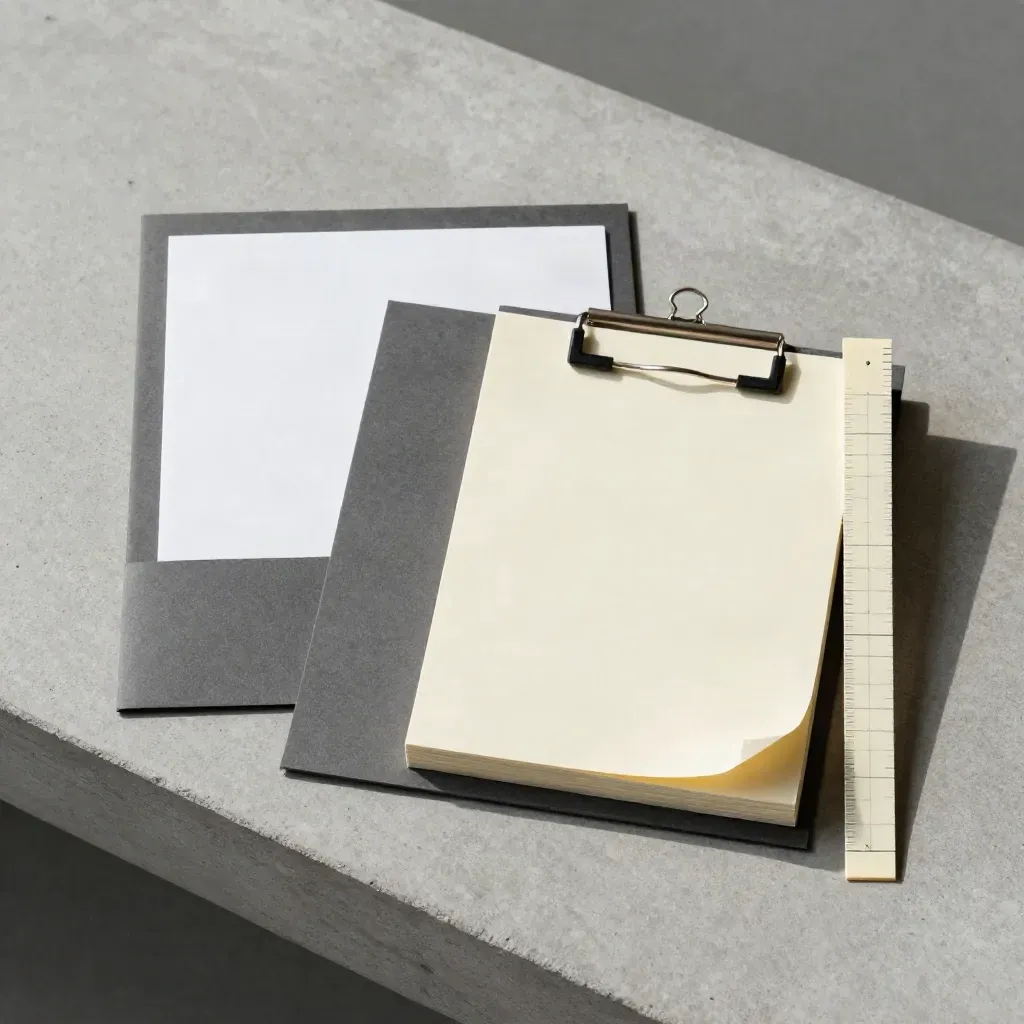Overhead flatlay of a graphite folder, folded card, and clipped note stack on concrete.