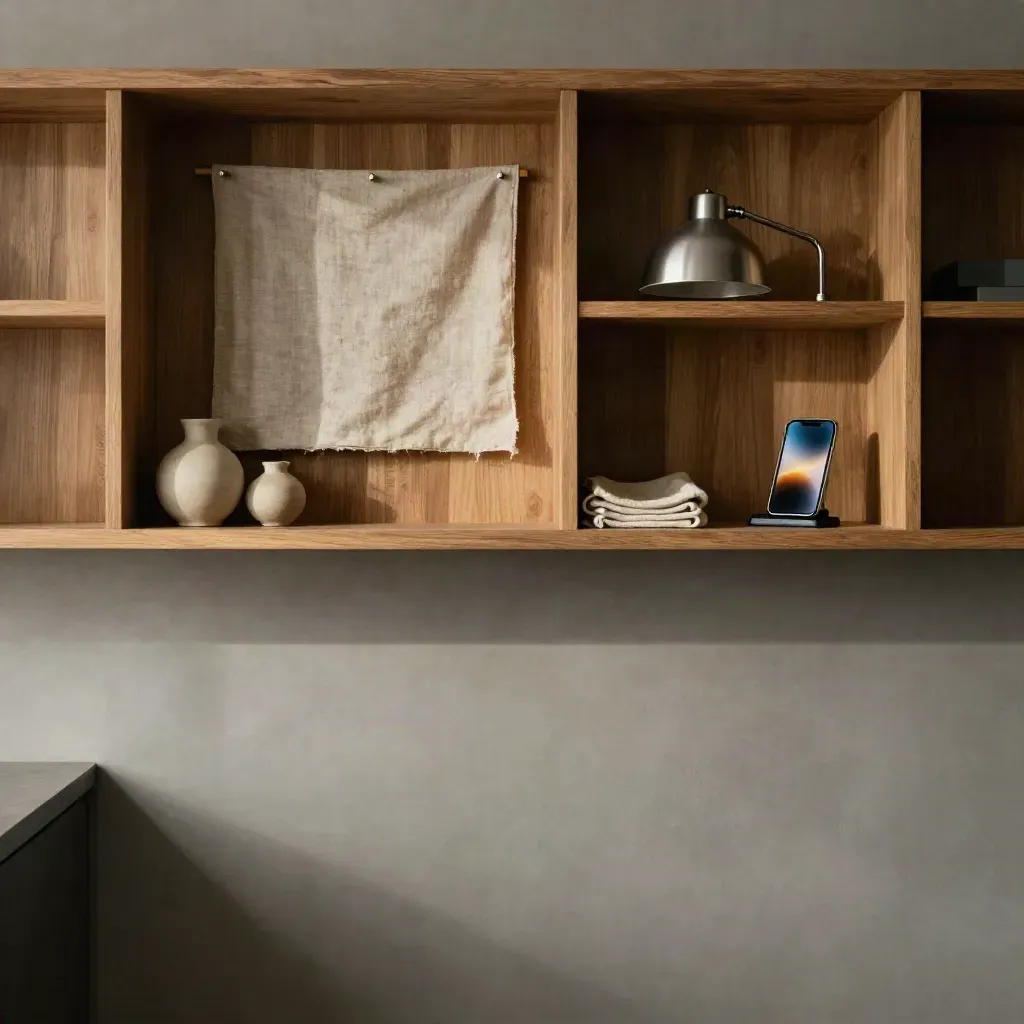 Warm oak agency nook with linen, stoneware, and soft lamp glow in the upper third.