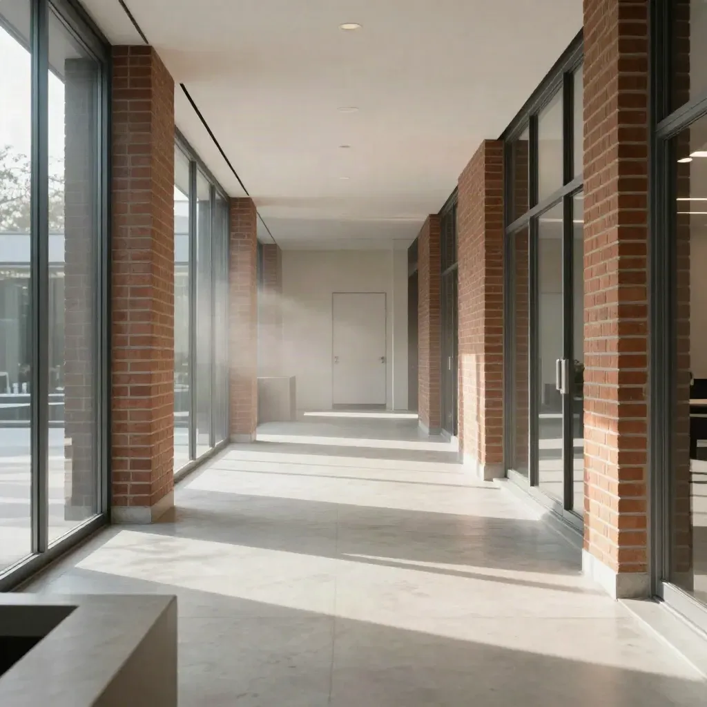 Sunlit modern corridor with concrete floor and diagonal light beam