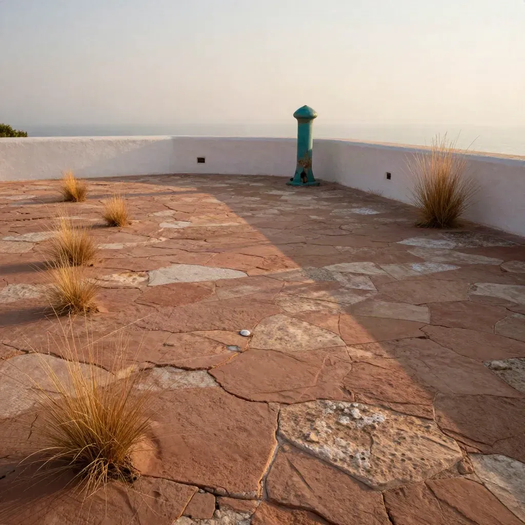Sunlit coastal stone terrace with grasses, pale wall, and sea mist at golden hour