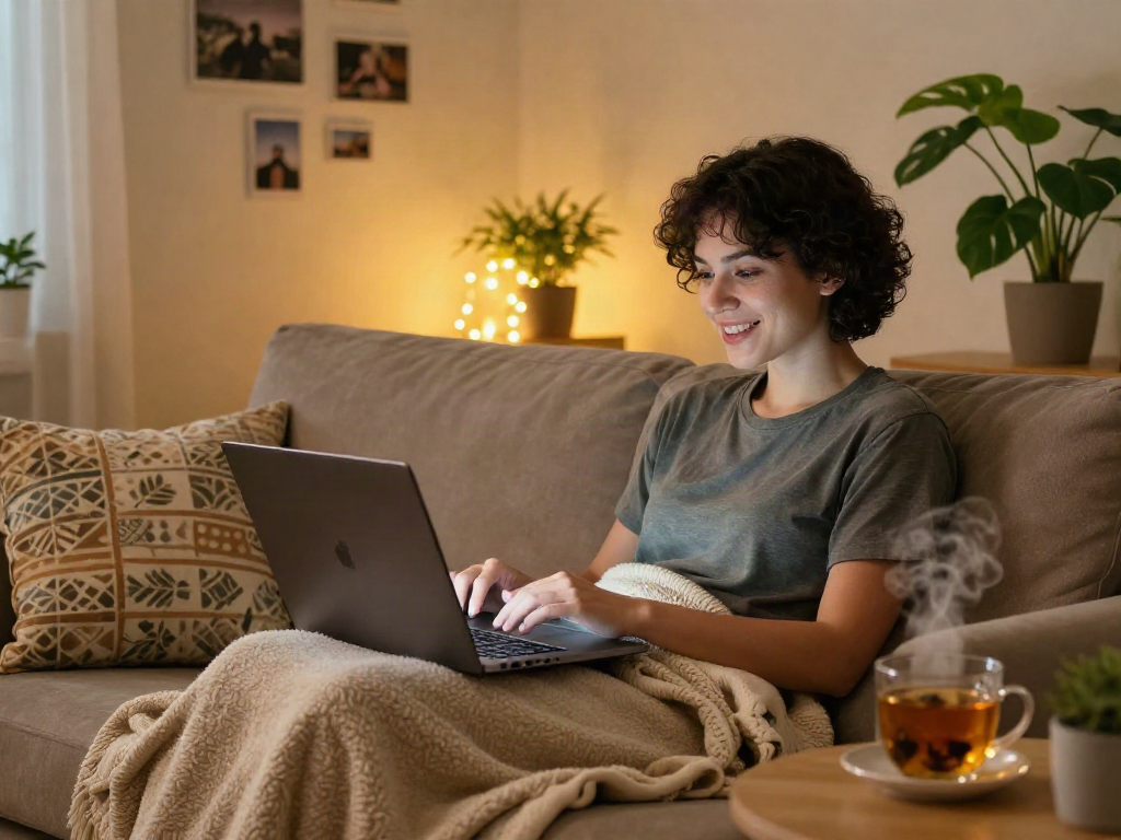 Engaging in ai sex chat in a cozy home setting with warm lighting and personal touches.