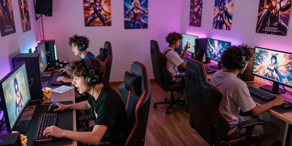 Engaged gamers playing hentai games in a vibrant setup filled with gaming gear.