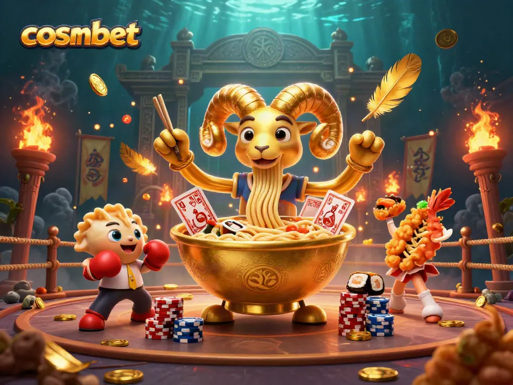 Play exciting games at cosmobet with golden ramen bowl characters in a vibrant casino scene