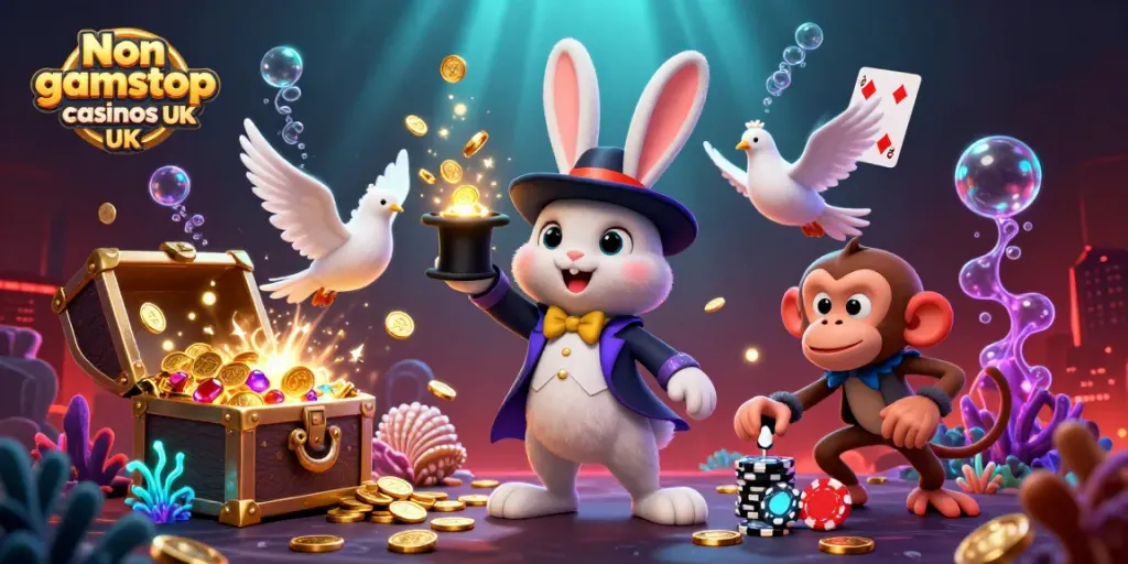 Engaging visual of Non gamstop casinos UK illustration showcasing a magical scene with a rabbit and casino elements.