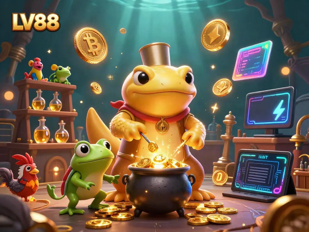 Engage in LV88's thrilling cockfighting scene with golden coins and vibrant visual elements.