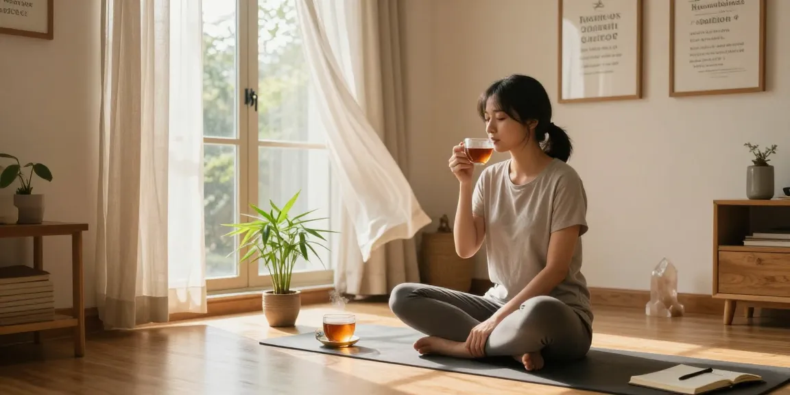 Enjoying kratom powder tea in a serene home wellness space, capturing tranquility and mindfulness.
