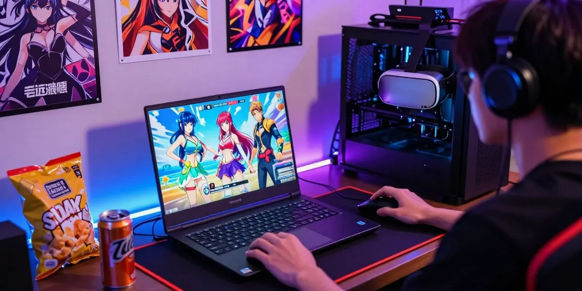 Player enjoying ecchi games on a gaming laptop with vibrant character designs and LED lighting