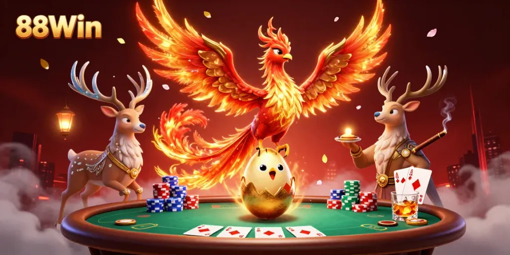 Experience the thrill of 88Win with a dazzling scene of a phoenix rising alongside poker elements.