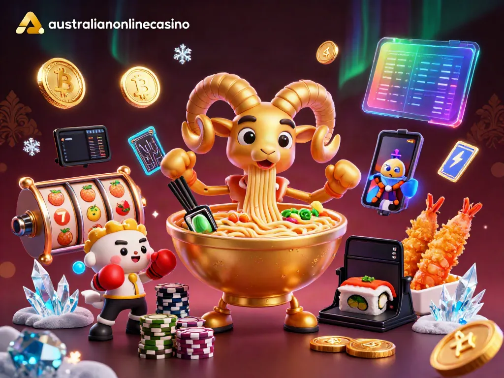 Play vibrant pokies and casino games at australianonlinecasino with dynamic slot machine elements and cheerful characters.