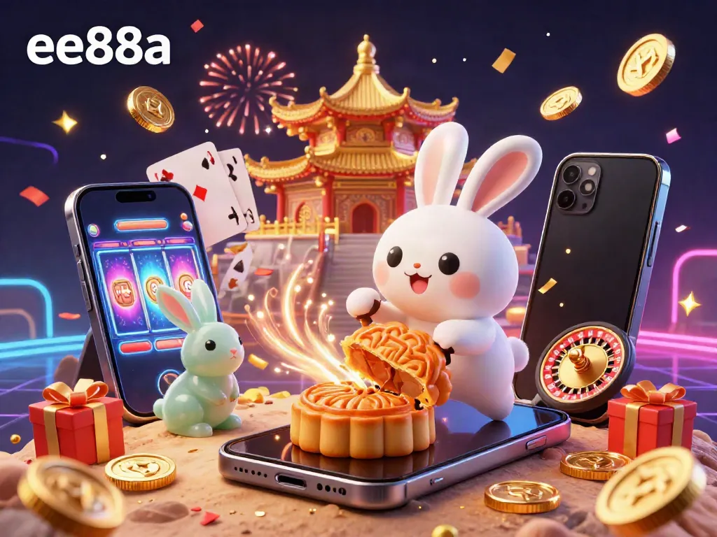 Engage in thrilling gameplay with ee88a as the moon rabbit unveils poker chips inside golden mooncakes, surrounded by vibrant casino elements.