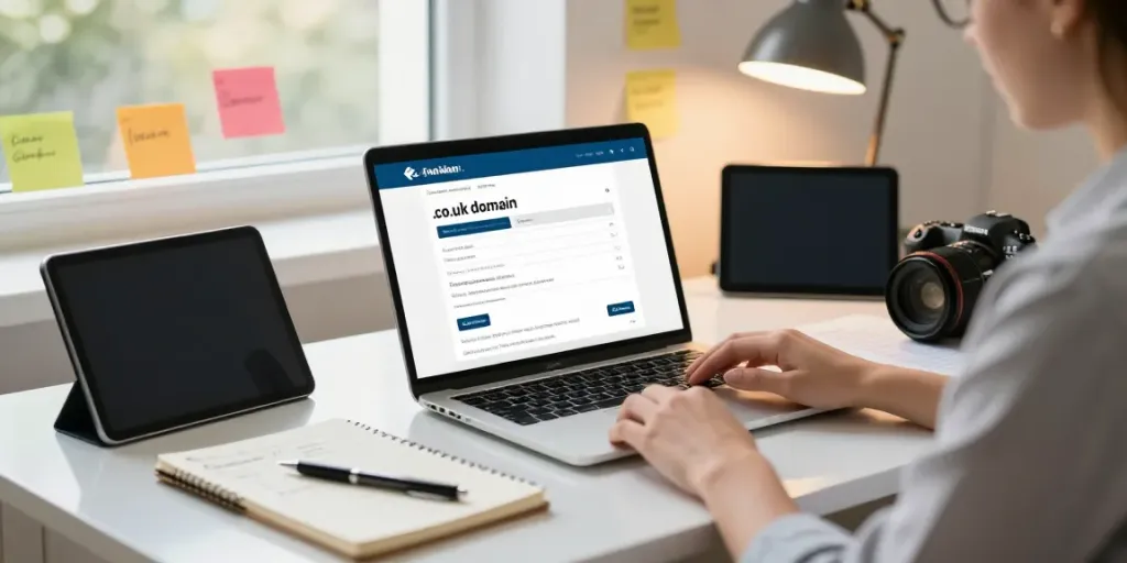Register a cheap .co.uk domain in a modern business environment with a productive vibe.