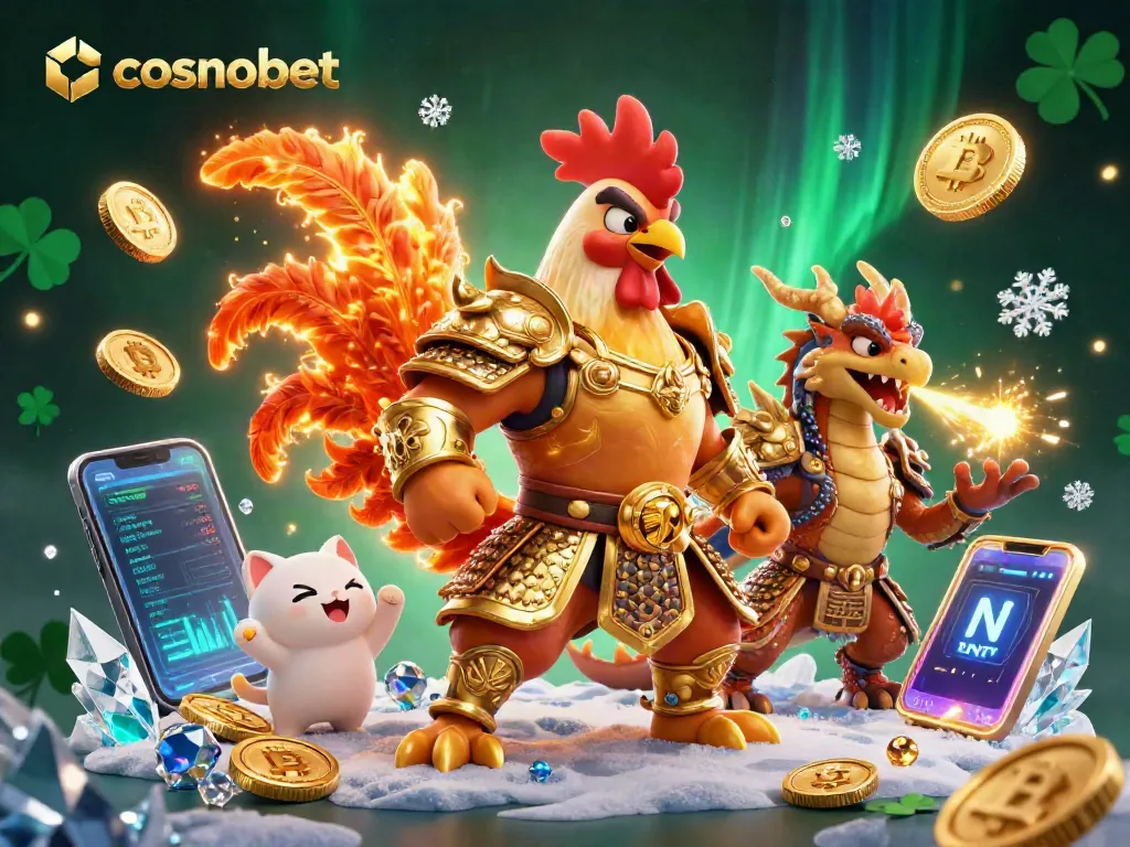 Spin to win at Cosmobet with a colorful 3D casino illustration featuring vibrant characters and crypto elements.