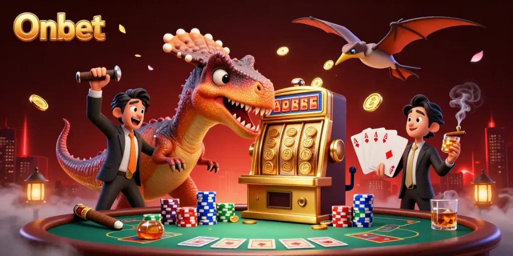 Experience the thrill at Onbet with a cartoon dinosaur winning jackpots amidst a vibrant casino scene.