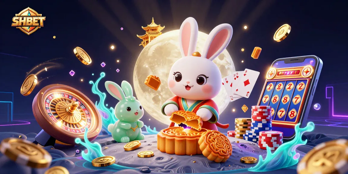 Experience SHBET gaming with a magical moon rabbit cracking open mooncakes to reveal poker chips.