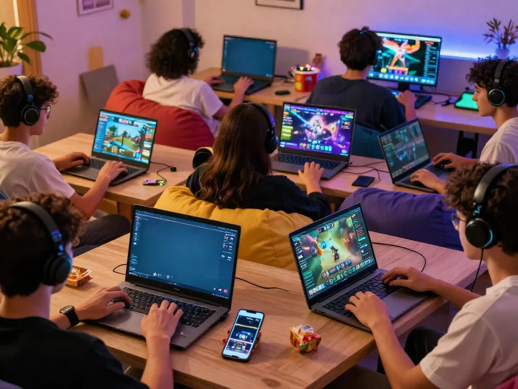 Experience online gaming excitement with DEBET, showcasing players enjoying diverse games in a cozy environment.