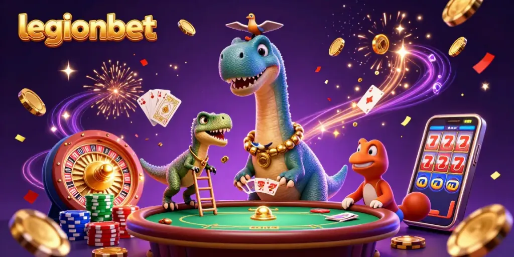 Play lively games at legionbet with a towering brontosaurus interacting at a dynamic casino scene.