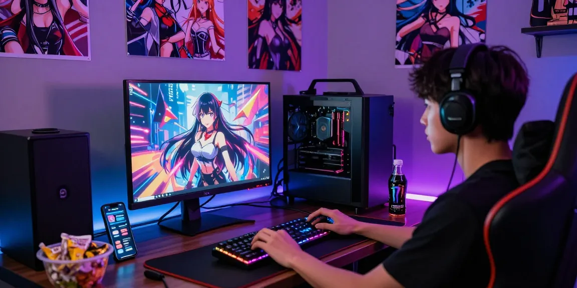 Engaged player enjoying a hentai game on a vibrant gaming setup with anime graphics.