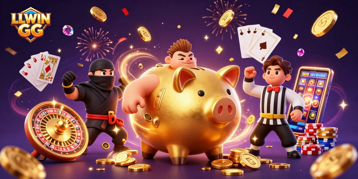 LLWIN GG casino scene with golden piggy bank, wallet-ninja, and credit-card samurai surrounded by vibrant gaming elements.