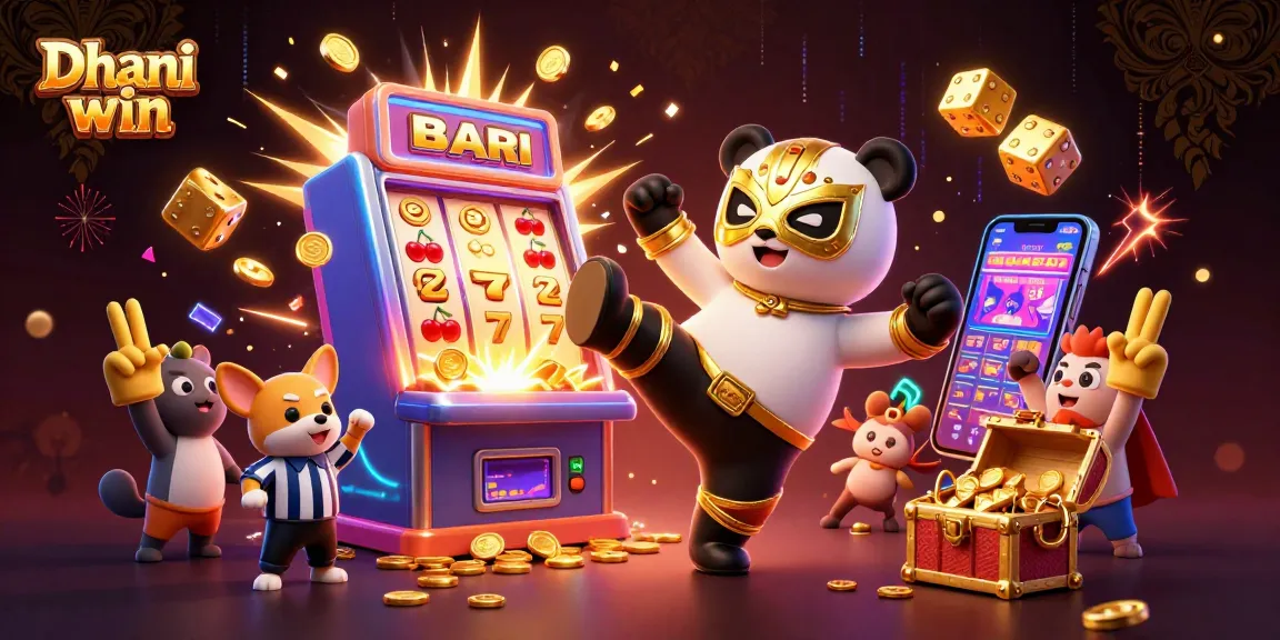 Dhani win vibrant slot game scene featuring a panda wrestler and animal spectators celebrating with golden coins and bonuses