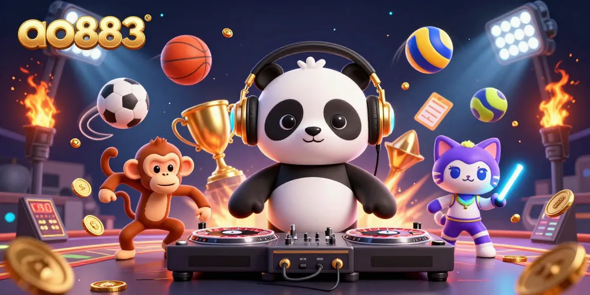Engage in thrilling gameplay at ao883 with an ultra-detailed 3D DJ panda spinning roulette wheels in a vibrant casino scene.