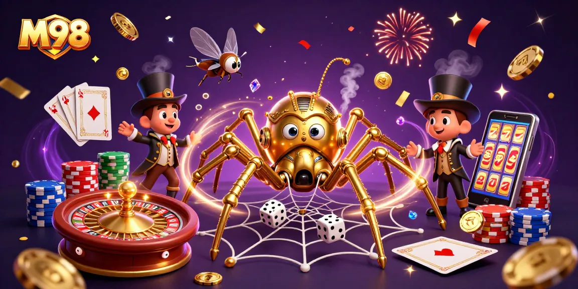 M98 captures wins with a steampunk spider and a Victorian fly, amidst vibrant gaming elements.